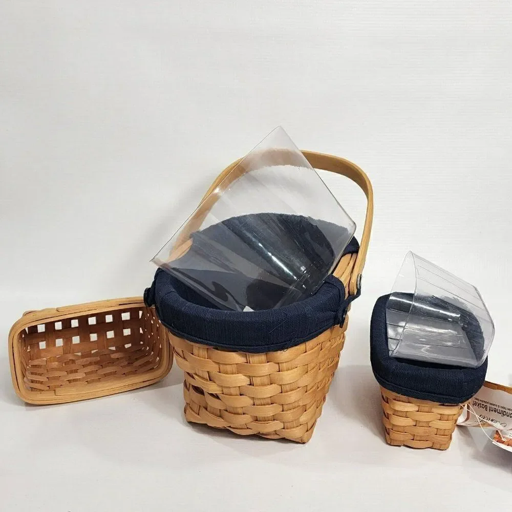 3 Taskets Renaissance Wood Slat Woven Baskets Navy Liner Bow Wow Meow‎